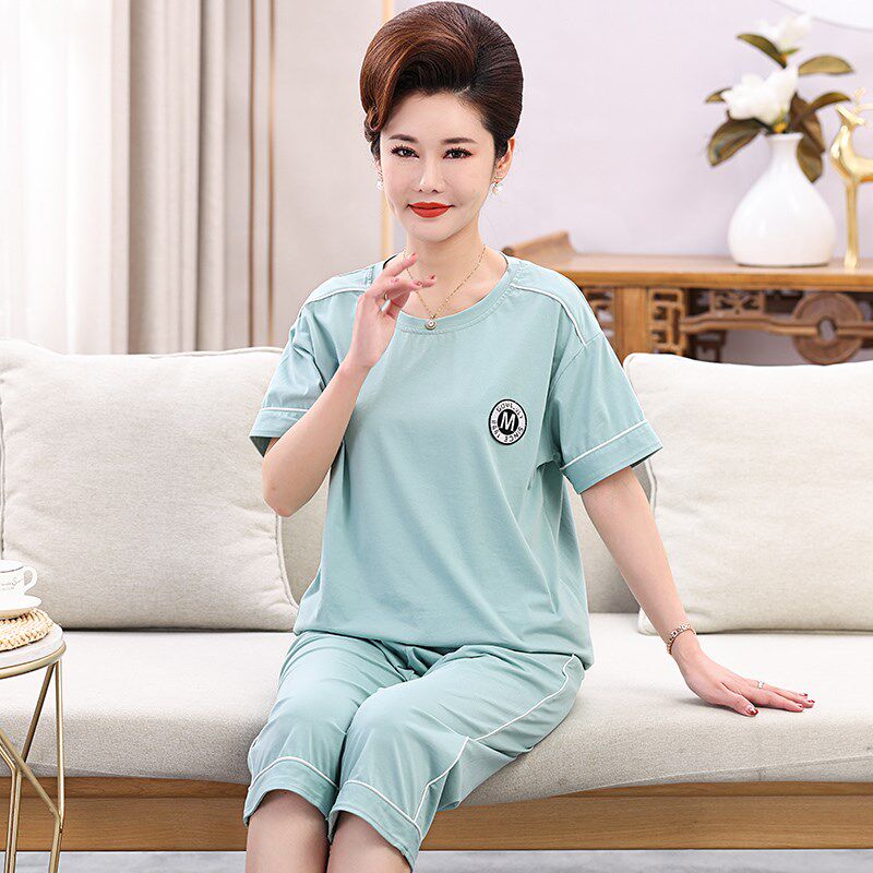 妈妈睡衣夏季薄款纯棉短袖七分裤中年人妇女士家居服夏Z天全棉套