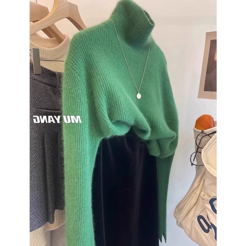 绿色针织打底衫女内搭羽绒服加厚上衣秋冬季高级感羊绒高领毛衣