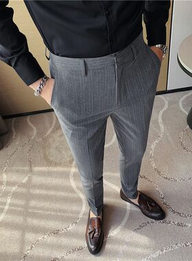 秋季韩版修身男士竖条纹西裤英伦青年小脚裤商务休闲裤西装裤长裤
