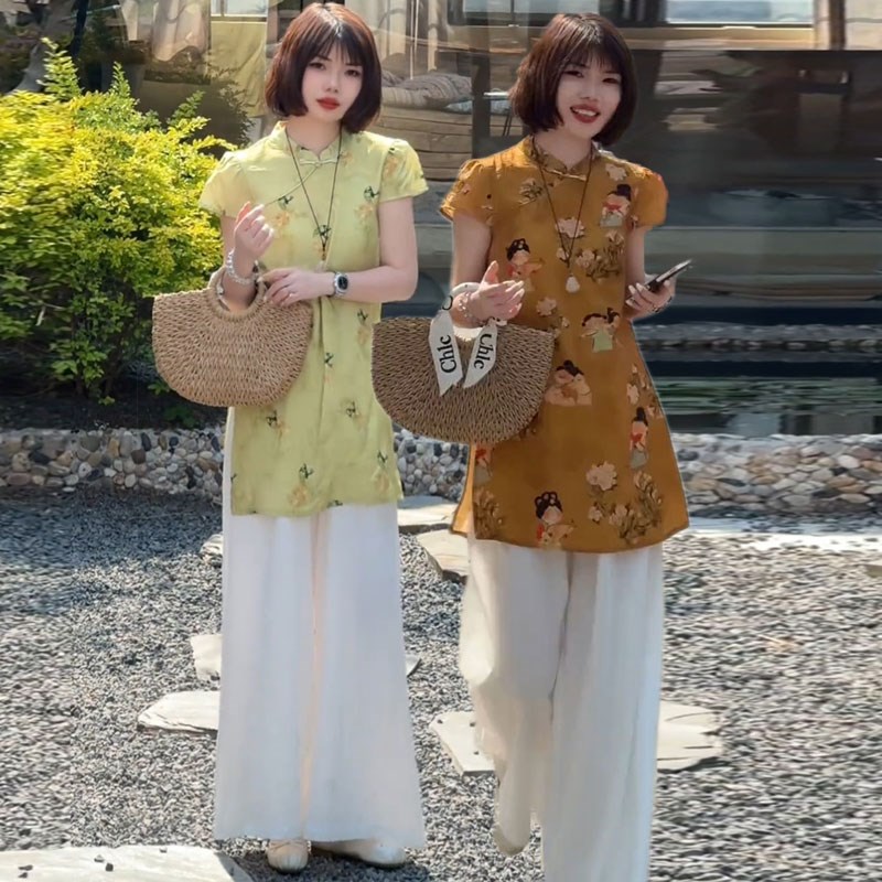 新中式盘扣旗袍上衣+阔腿裤两件套女欧货2025年夏季新款时尚套装