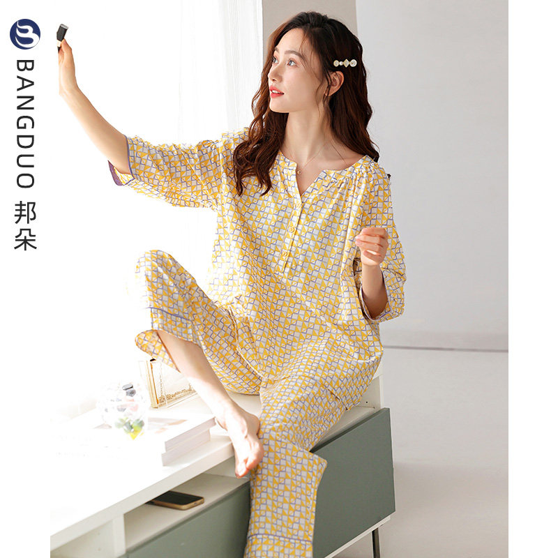 梭织棉纱布睡衣女k士春秋款纯棉七分袖长袖女款秋季全棉夏季家居