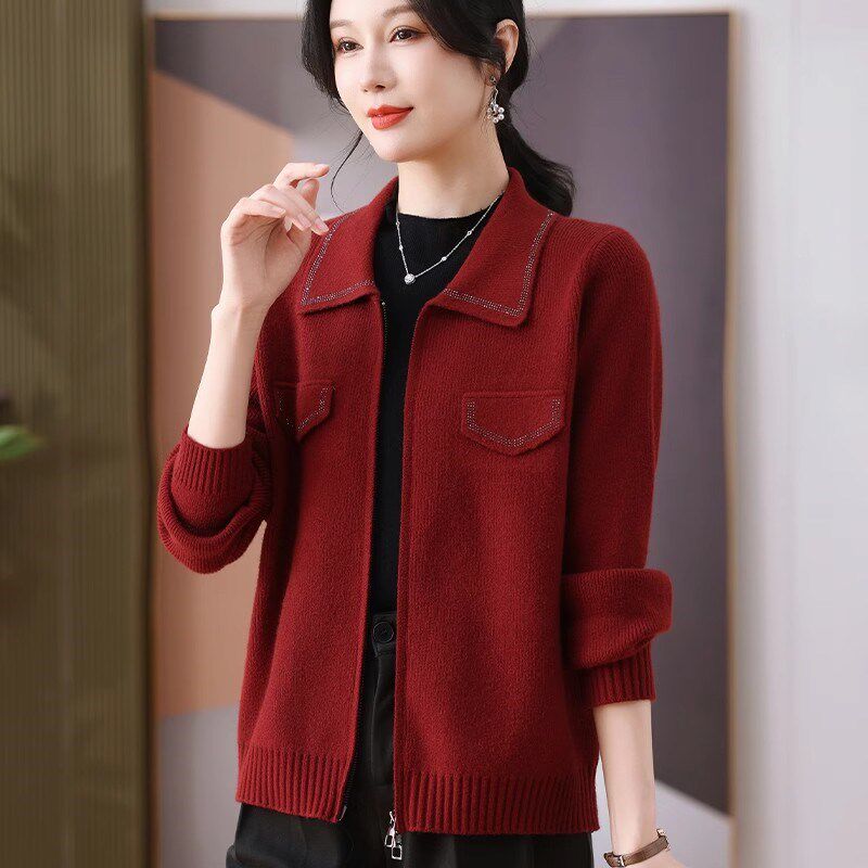 春秋新红色女翻领针织开衫上衣毛衣外套妈妈装短款小个子夹克洋气