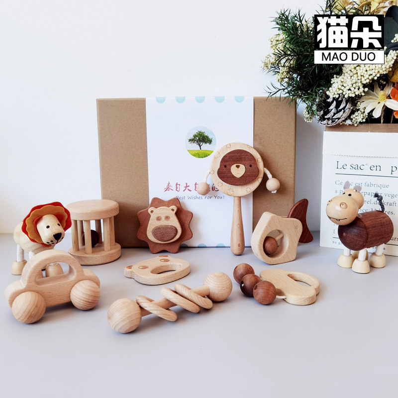 猫朵三个月宝宝礼品木质拨浪鼓可啃咬婴幼儿玩具10S0天礼物3-6月