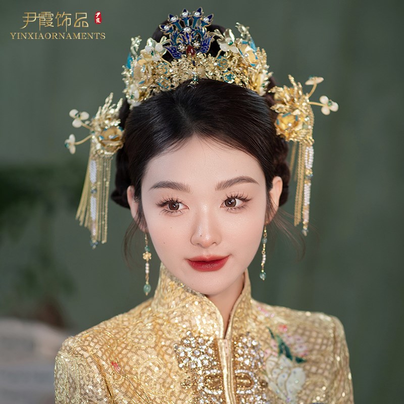 景泰蓝凤冠头饰新娘结婚饰品中式发饰流苏步摇发钗后压新款手工