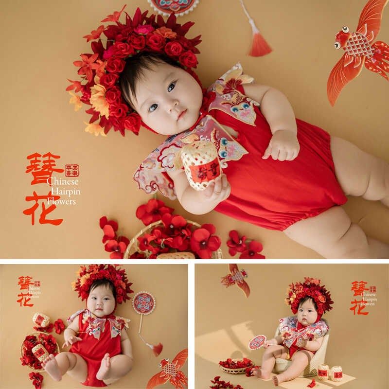 红色簪花头饰宝宝百天照服装道具婴儿拍照衣服周岁中国风儿童摄影