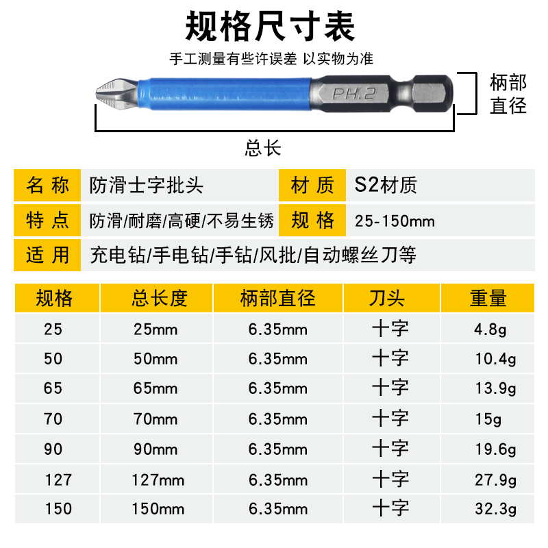 十字批头强磁防滑S2高硬度电动螺丝起子工具电钻六角套装头强磁力
