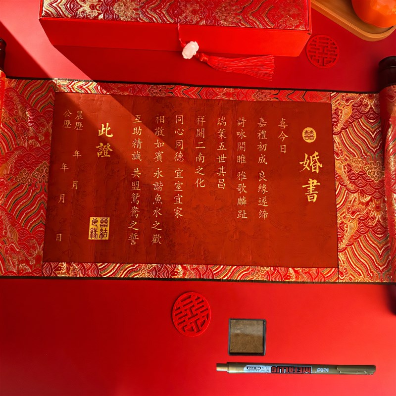 中式婚礼道具订婚书卷轴摆件龙凤下聘书订婚宴布置明制汉婚礼婚书