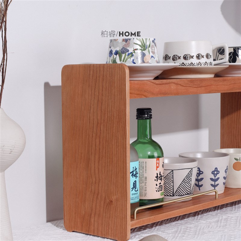 樱桃木多层杯子置物架桌面咖啡台收纳实木轻奢高级感摆放展示架子