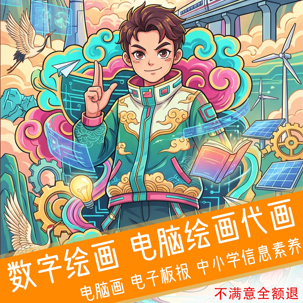 数字绘画电脑绘画代画电子板报儿童画手抄报定制主题画3D科幻画