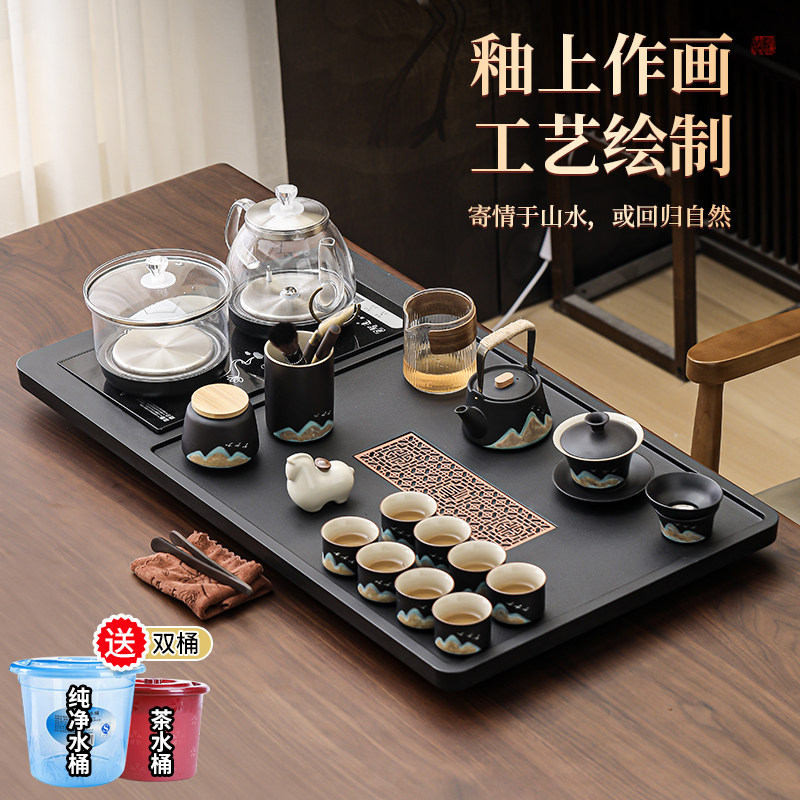 高端黑陶瓷功夫茶具套装仿乌金石茶盘全自动一体玻璃上水茶壶茶杯