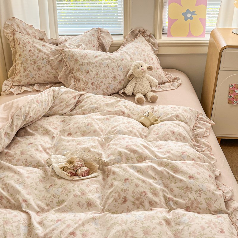 A类法式花边床上四件套水洗棉2025新款床单被套罩宿舍床品三件套4