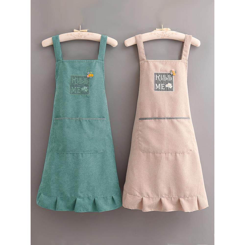 【官方正品】围裙家用厨房灯芯绒刺绣韩版女时尚双层加厚防污透气