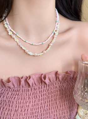 彩色花朵珍珠串珠项链女款2024新款气质锁骨链轻奢小众多巴胺配饰