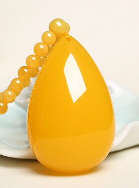 鸡油黄老蜜蜡吊坠玫瑰花长款毛衣链男女款二代蜜蜡水滴民族风挂坠