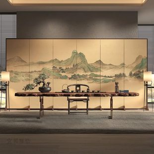 实木屏风隔断客厅玄关折叠移动办公室酒店古典山水双面折屏 新中式