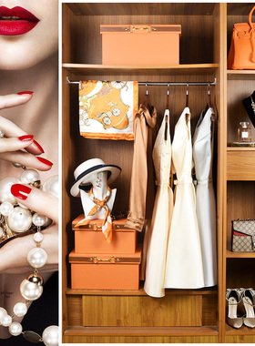 样板房全屋定制衣柜n橙色系饰品衣帽间服饰鞋包丝巾礼服高跟鞋摆