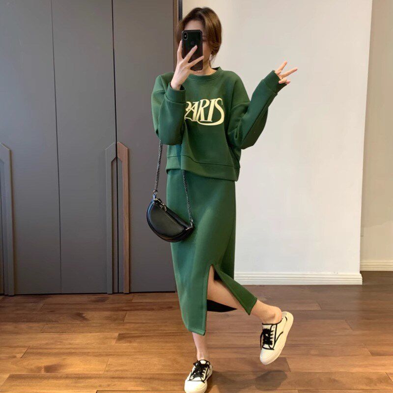 胖MM运动套装女春秋小个子休闲卫衣多巴胺穿搭300斤特大码套装裙