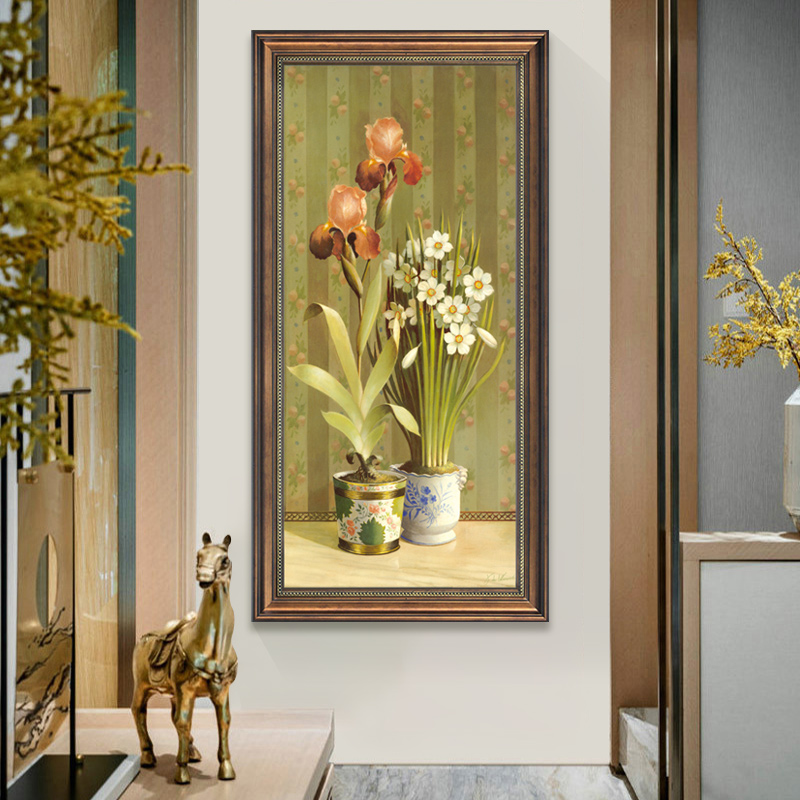 美式入户玄关装饰画竖版欧式挂画B走廊过道背景墙花卉油画客厅壁图片