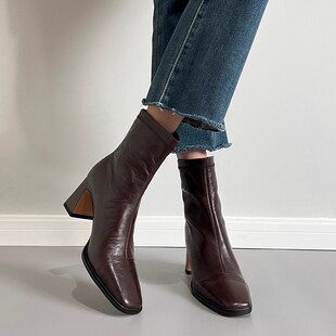 法式方头短靴女粗跟高跟单靴女秋季复古瘦瘦靴真皮深棕色马丁靴子