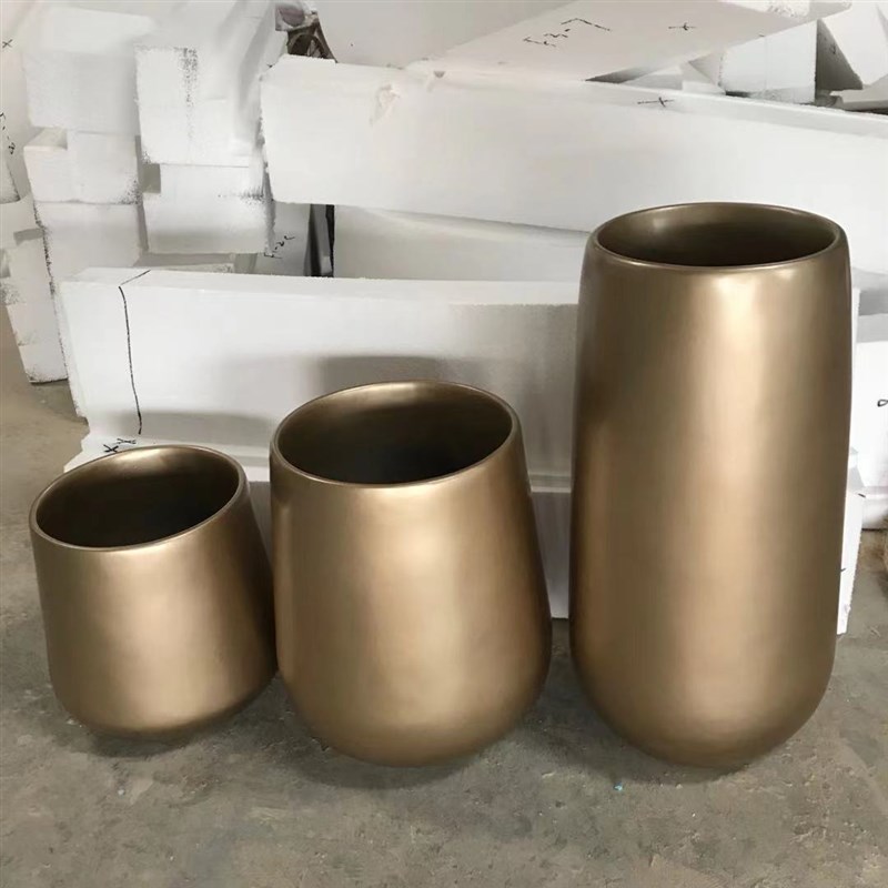 现货模具玻璃钢花盆组合花园绿化工程商场圆形金色玻璃钢花钵