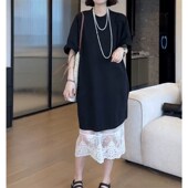 法式 夏季 新款 赫本风T恤蕾丝裙两件套裙子洋气减龄休闲T恤裙长裙潮