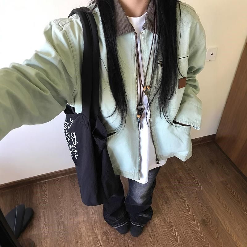 日系复古超好看翻领外套女春秋季底特律潮牌男女款工装夹克棒球服