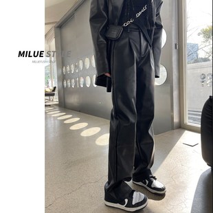 大码 新款 高腰显瘦修身 休闲裤 黑色pu皮裤 胖mm拖地直筒阔腿裤 女秋季