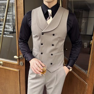 意式青果领商务马甲西裤套装男双排扣伴郎团结婚礼服绅士西装背心