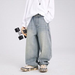 男童春秋直筒休闲阔腿牛仔裤2025新款儿童男孩春季帅气宽松裤子潮