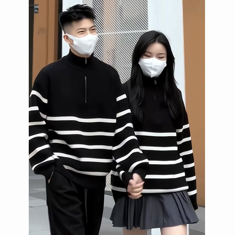 半拉炼条纹毛衣男立领秋冬新款慵懒高级感宽松套头打底针织衫外套