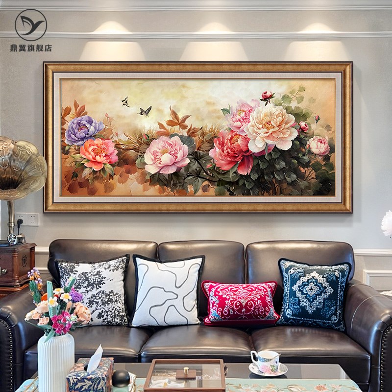 花开富贵客厅装饰画牡丹花挂画沙发背景墙画美式复古Y手绘油画壁图片