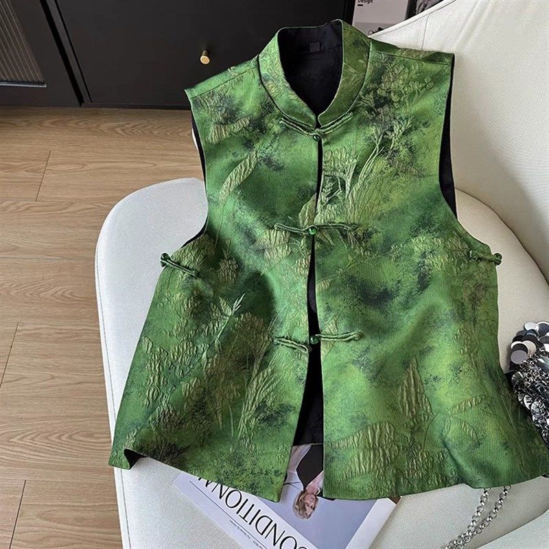 新中式盘扣真丝绿色马甲女款春秋中国风外穿无袖坎肩唐装背心上衣