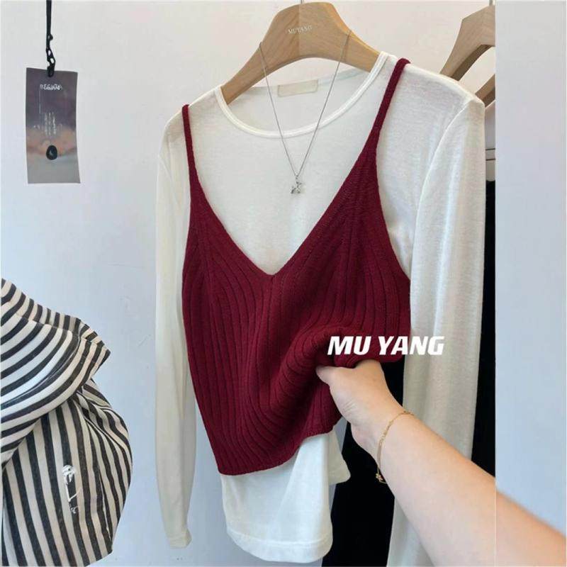韩系温柔风V领针织吊带背心叠穿长袖打底衫女秋季气质上衣两件套