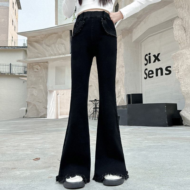 女童牛仔裤春秋2024新款大童黑色秋装裤子儿童外穿修身弹力喇叭裤