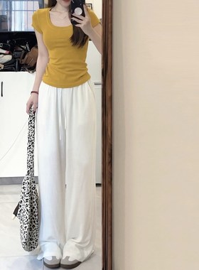 白色亚麻阔腿裤女夏季175高个子加长170慵懒休闲垂感棉麻拖地长裤