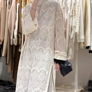 慵懒精致手工钩花镂空V领简约民族风宽松显瘦洋气袍式罩衫连衣裙