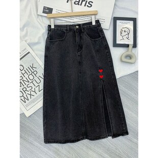 300斤大码女装爱心开叉牛仔半身裙女夏季胖mm黑色裙子显瘦a字半裙