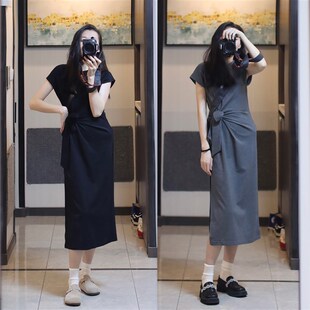 夏日懒人裙绑带收腰显瘦时髦休闲开叉长裙大码胖mm短袖t恤连衣裙