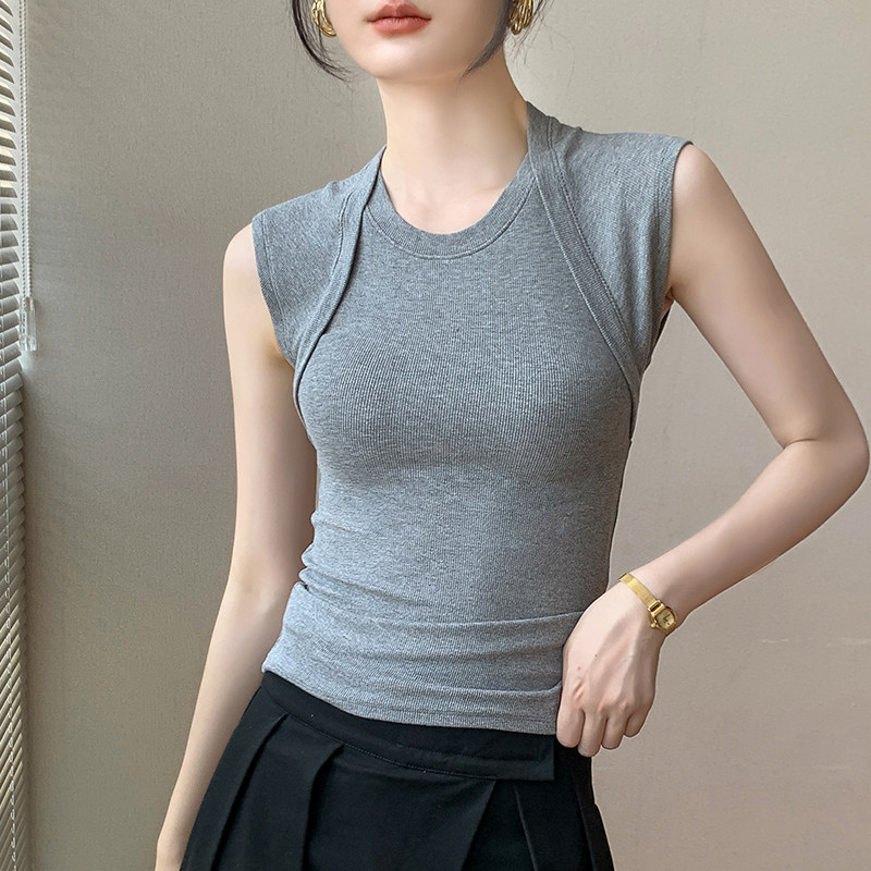 拼接无袖棉圆领T恤女夏假两件设计感小众内搭修身显瘦高级感上衣