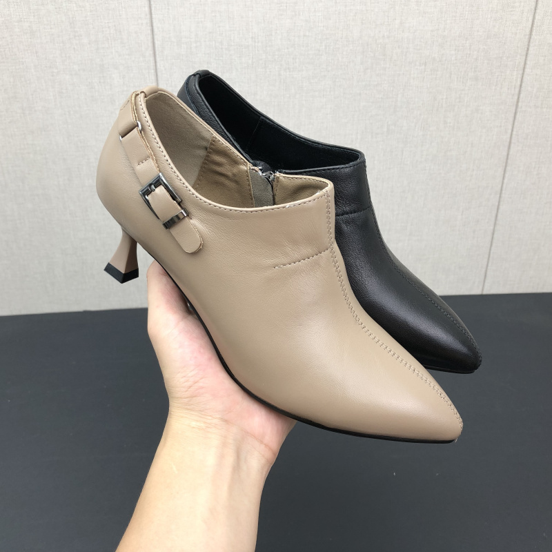 2022秋季真皮女鞋小码大u尺码深口拉炼细中跟尖头工作鞋羊皮女单