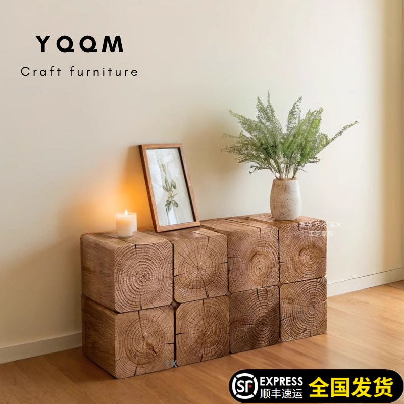 北欧方形复古f原木做旧抓痕民宿酒店客厅茶几玄关花架木墩摆件木