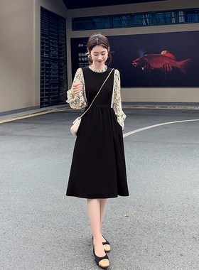 法式拼接黑色雪纺连衣裙女春秋季2024新款气质显瘦收腰a字裙子女