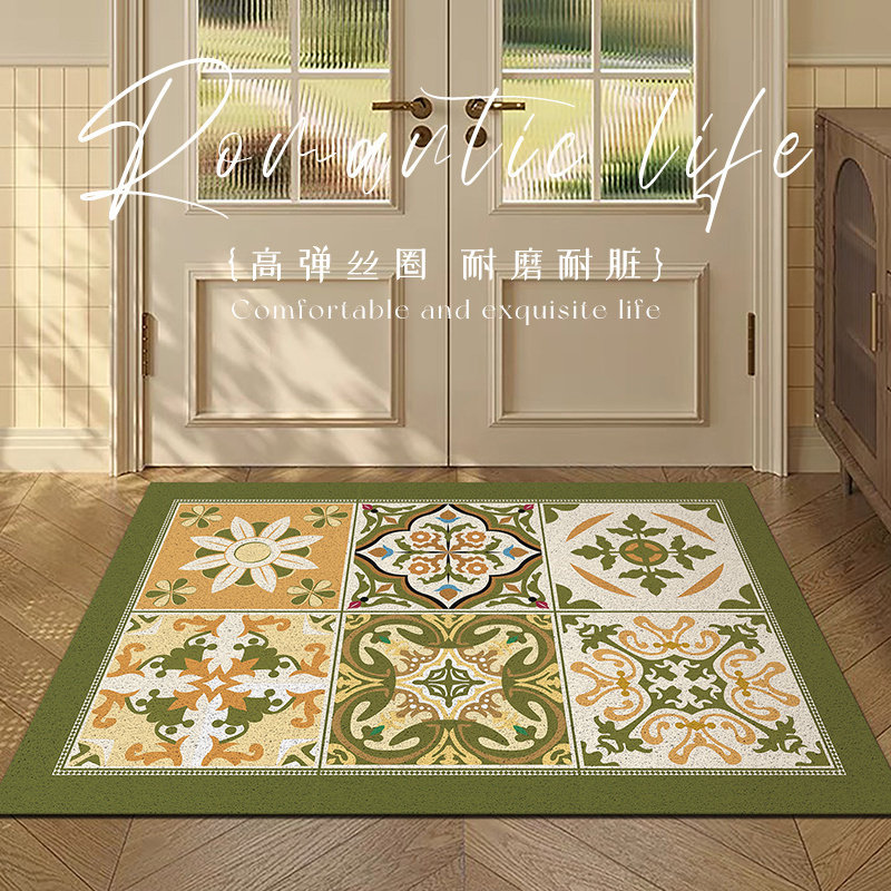 美式高级感复古丝圈入户门垫耐脏进门地毯法式绿色花砖防滑脚垫子,居家布艺,入户地垫,淘宝优惠券,粉丝福利购,淘宝优惠卷