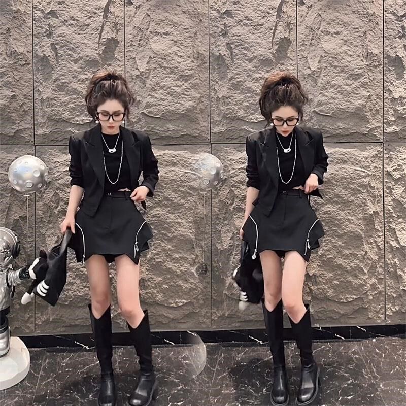 韩系休闲西装套装裙女短款收腰西服工装外套不规则半身裙两件套潮
