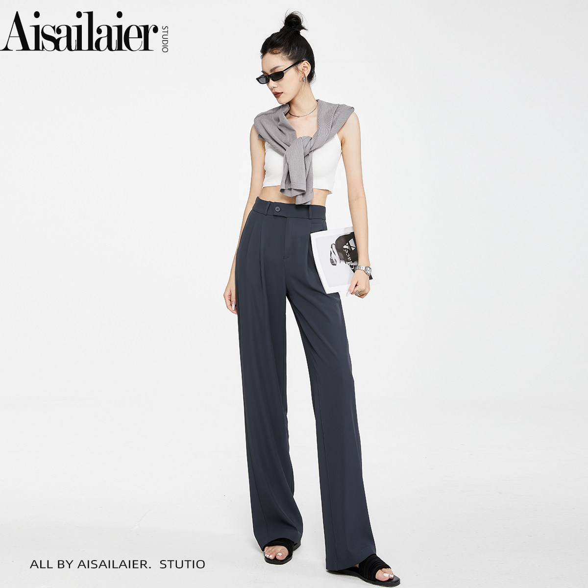 高级感休闲直筒西装裤女夏季2025新款显瘦垂感小个子高腰阔腿裤子