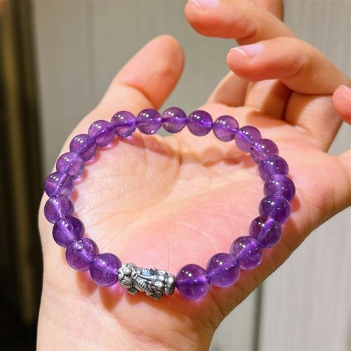 8mm天然紫水晶手链女款单圈时尚百搭925银貔貅手串礼物送闺蜜朋友