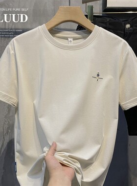 LUUD 纯色简约款人物压胶工艺短袖衫日系青春休闲圆领T恤衫男生夏