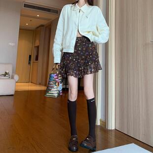mcc lemons 宅女Jolly同款 美式复古碎花棕色百褶短裙女半身裙子