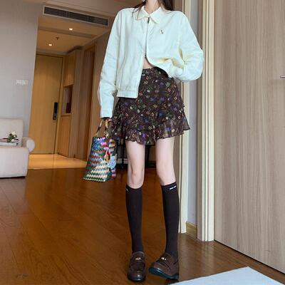 mcc lemons 宅女Jolly同款 美式复古碎花棕色百褶短裙女半身裙子