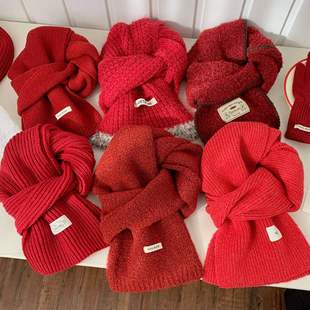 新年红色围巾女款2026新款冬高级感加厚针织防寒保暖毛线学生围脖